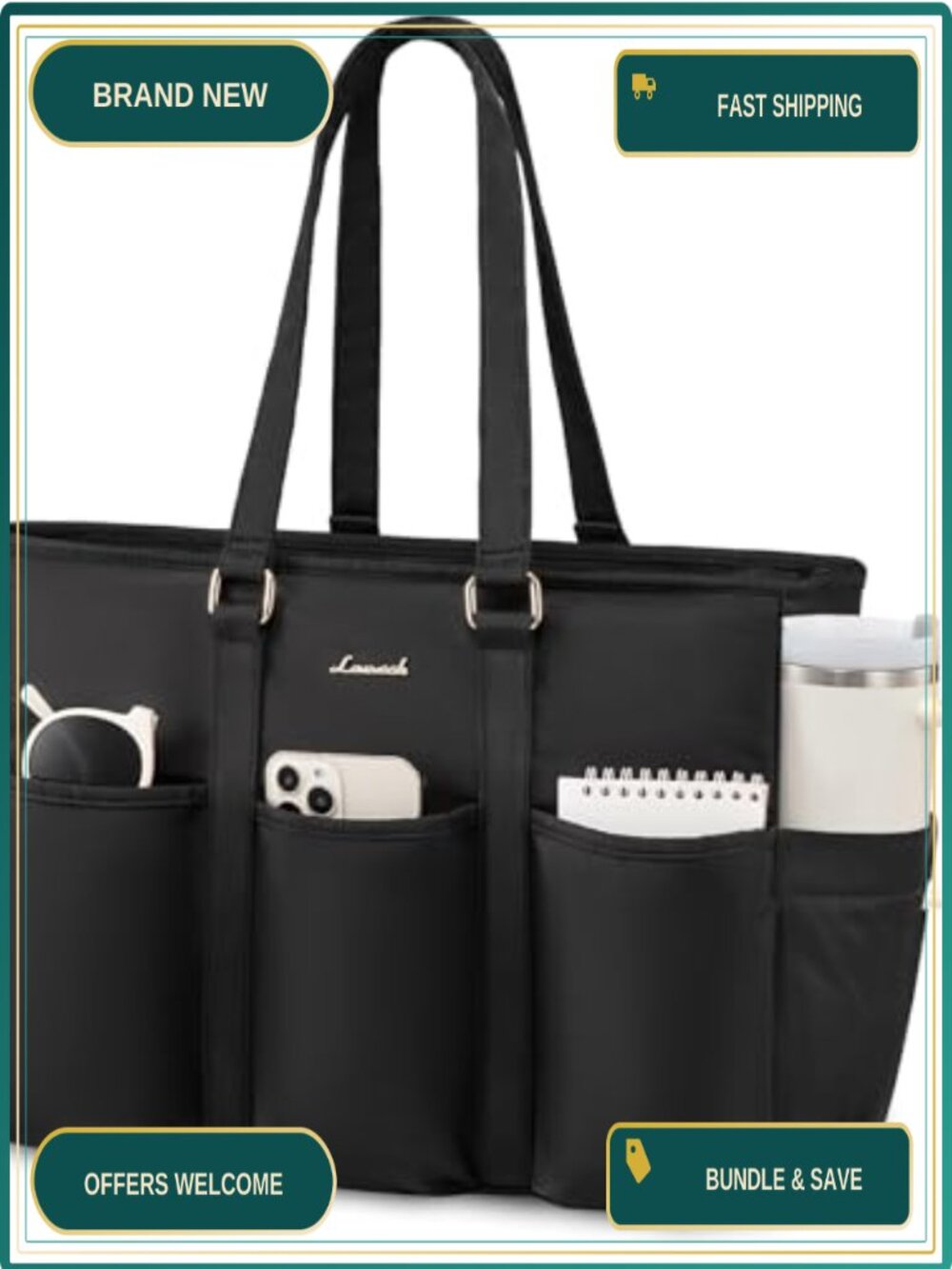 LOVEVOOK Laptop Tote Bag for Women, Polyester, Multi-Pocket, Waterproof, Work